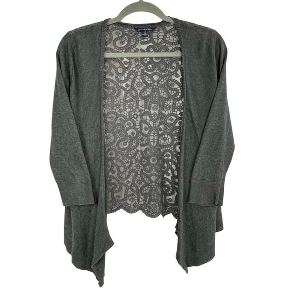 American Eagle Cotton Blend Lace Back Open Front Gray Cardigan Women's L Cottage - Picture 13 of 13